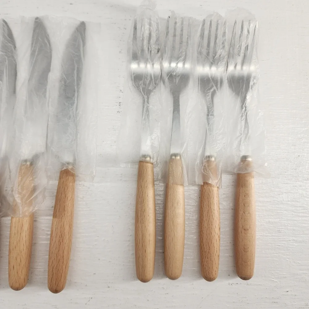 Wood Handle Flatware Set 12‎ Piece Stainless Steel Silver Modern Kitchen